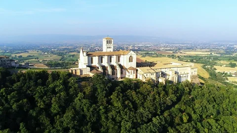 ASSISI / ITALY - Basilica of Saint Francis of Assisi (Aerial view) Stock Footage