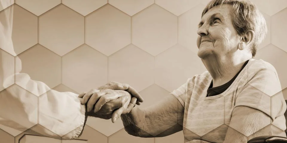 Assistance to elderly, geometric pattern Foto stock