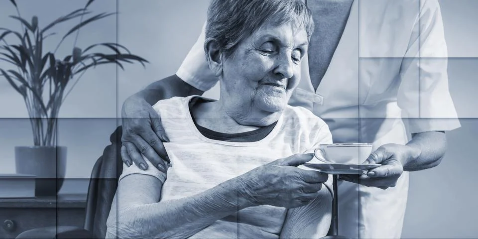 Assistance to elderly, geometric pattern Stock Photos