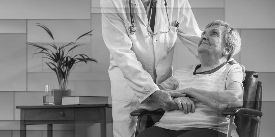 Assistance to elderly, geometric pattern Stock Photos