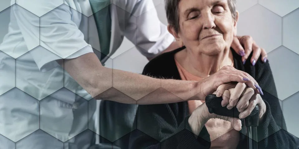 Assistance to elderly, geometric pattern Foto stock