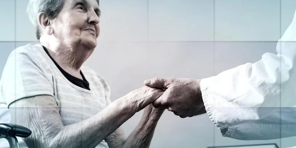 Assistance to elderly, geometric pattern Stock Photos