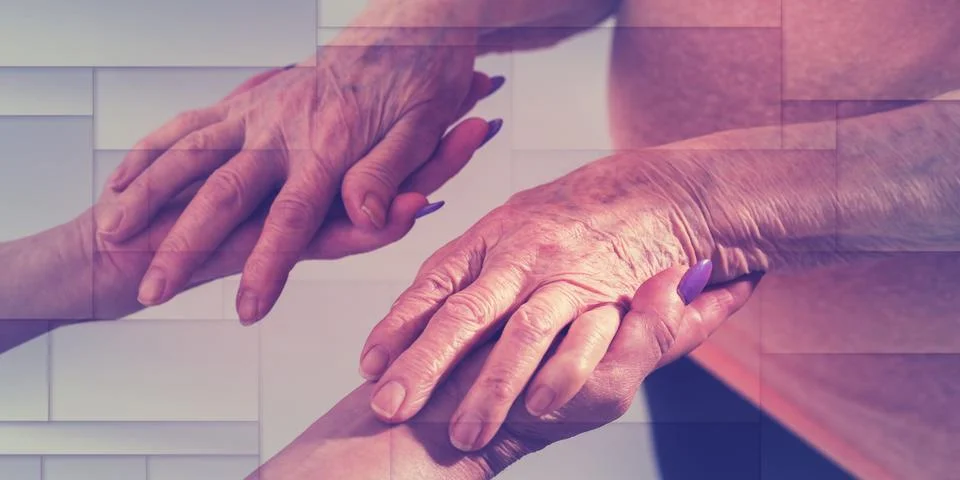 Assistance to elderly, geometric pattern Foto stock