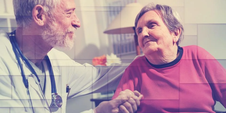 Assistance to elderly, geometric pattern Stock Photos