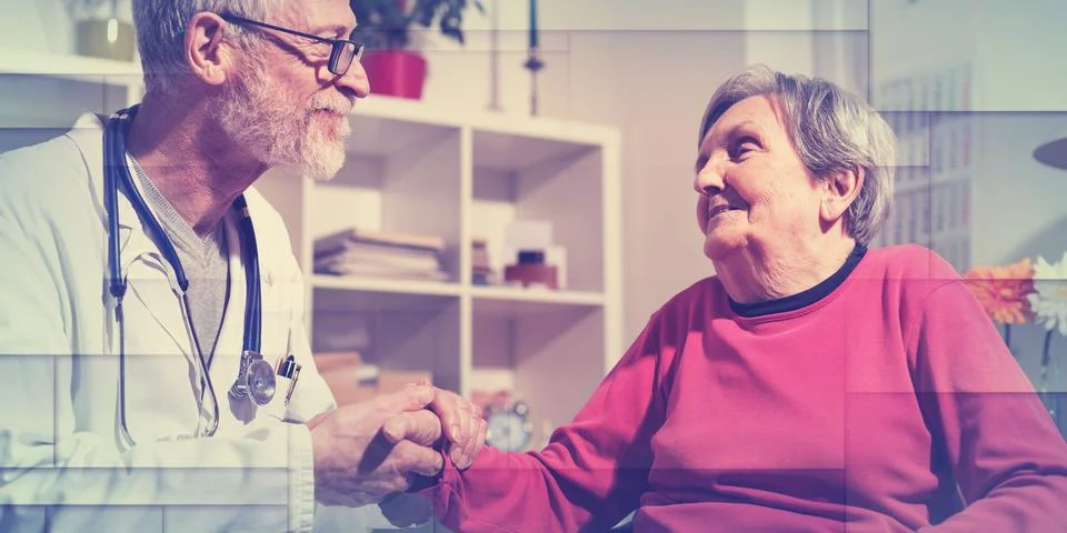 Assistance to elderly, geometric pattern Foto stock