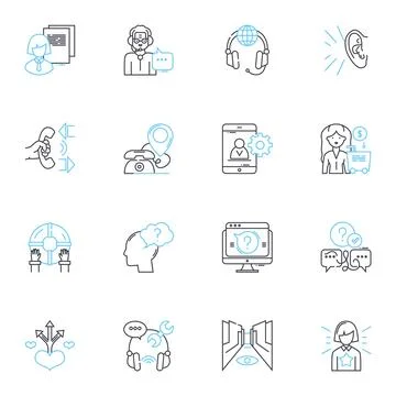 Assistance program linear icons set. Support, Aid, Help, Outreach, Veterans Stock Illustration