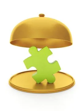 Assistance in solving difficult problems. gold tray and part puzzle on a whit Stock Illustration