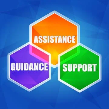 Assistance, support, guidance in hexagons, flat design Stock Illustration