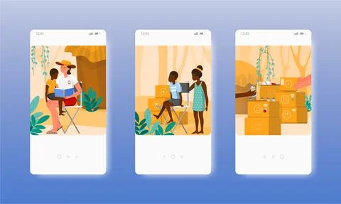Assistance for third world developing countries. Mobile app screens, vector Stock Illustration