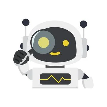 Assistant artificial intelligence robot with magnifying glass Illustrazione stock