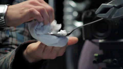 Assistant polishes the spoon, preparing it for filming Stock Footage 238002168
