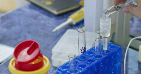 Assistant pours liquid into plastic container on rack Stockbeeldmateriaal 274820101
