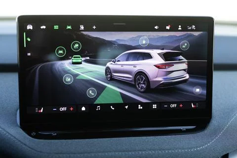Assistant selection menu. The display of an electric car, where you can select Stock Photos