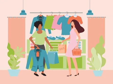 Assistant shop vector illustration, flat cartoon woman staff character help girl Stock Illustration