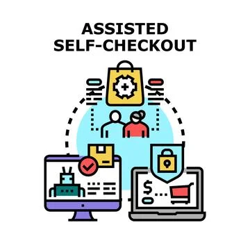 Assisted self checkout concept with customer support and automation Stock Illustration
