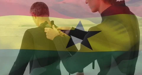 Assisting man reaching back, pulling wetsuit zipper strap, preparing for water Stock Footage 329929132