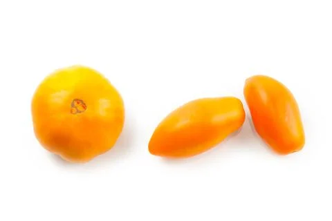 Assort of different shape of yellow tomatoes isolated on white background w.. Stock Photos