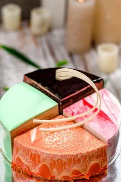 Assorted 4 different cakes. 4 flavors of cake in one box. Dessert for tasting or Stock Photos