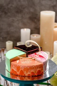 Assorted 4 different cakes. 4 flavors of cake in one box. Dessert for tasting or Stock Photos