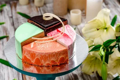 Assorted 4 different cakes. 4 flavors of cake in one box. Dessert for tasting or Stock Photos