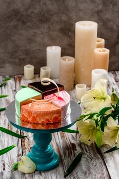 Assorted 4 different cakes. 4 flavors of cake in one box. Dessert for tasting or Stock Photos