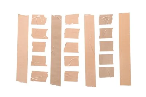 Assorted adhesive tape strips and pieces isolated on white background for des Stock Photos