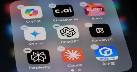 Assorted AI mobile app icons Video stock 294984568