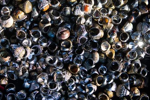 Assorted Antique Silver Gemstone Rings Scattered on Dark Background Stock Photos