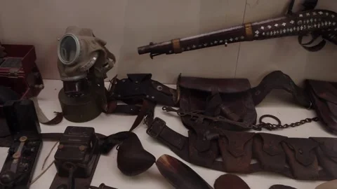 Assorted Antique Weapons and Gear Collection Stock Footage 334136388