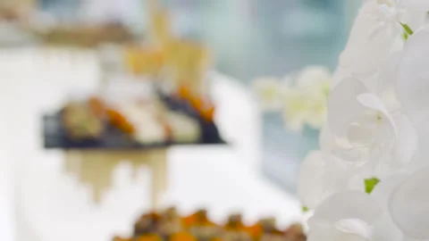Assorted appetizers and canapes on catering table at event Stock Footage 314457948