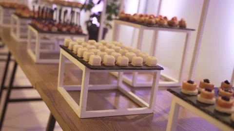Assorted appetizers for a buffet on a festive event, party or wedding. Snacks on Stock Footage 171984707