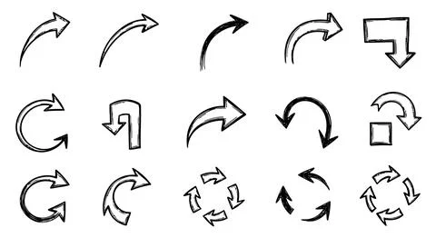Assorted arrows and direction indicators in various shapes and styles Ilustración de archivo