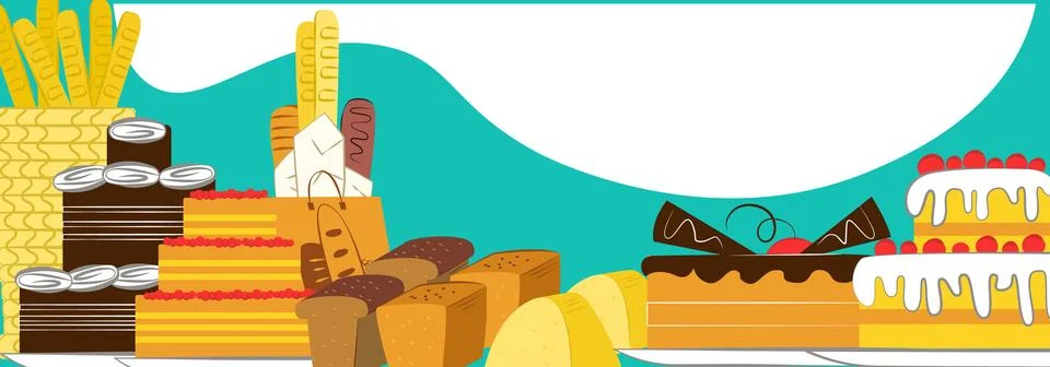 Assorted bakery items presented, vivid colors, bread loaves sweets cakes vibrant Stock Illustration