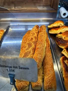 Assorted Bakery Products in Shop Window 스톡 사진