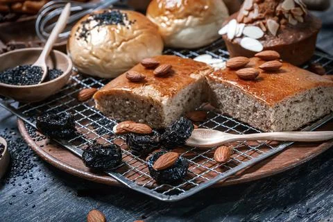 Assorted bakery on wire rack 스톡 사진