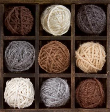 Assorted balls of yarn in a box Stock Photos