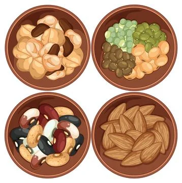 Assorted Beans and Nuts in Four Ceramic Bowls Stock Illustration