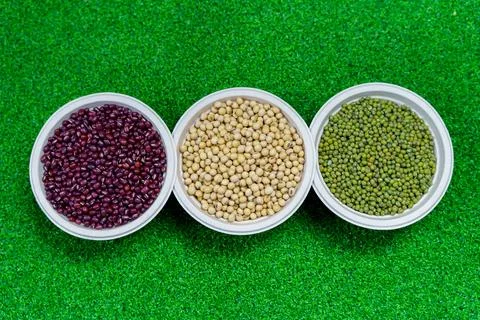 Assorted beans ingredients mung red beans and soybean for cooking Stock Photos