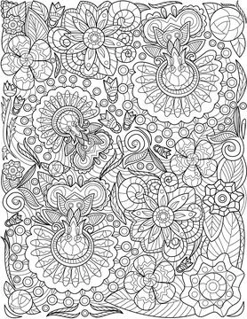 Assorted Beautiful Flowers Pattern Drawing Is Growing In The Garden Surrounded Stock Illustration