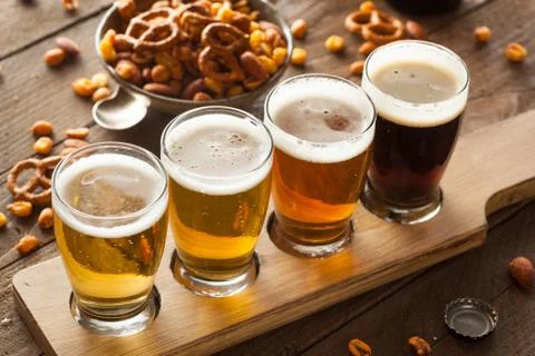Assorted Beers in a Flight Stock Photos