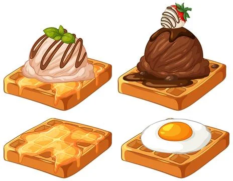 Assorted Belgian Waffles with Sweet and Savory Toppings Vector Illustration Stock Illustration