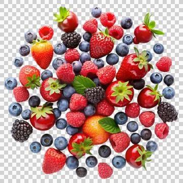 Assorted berries scattered, featuring strawberries, blueberries, and raspberries Stock Photos