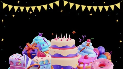 Assorted Berry Cakes and Cupcakes with Decorative Bunting Flags on a Black Video stock 338370620