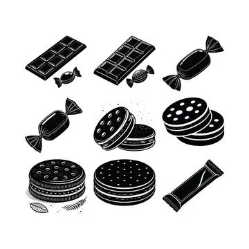 Assorted black and white candy and chocolate with dotted patterns cookies Illustrazione stock