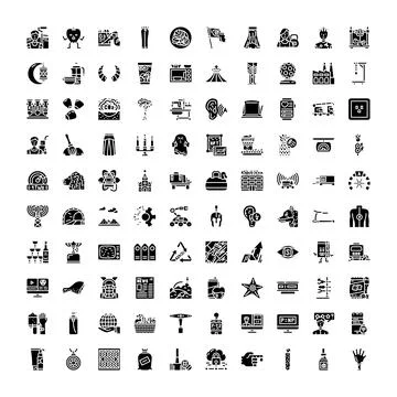 Assorted black and white icon set representing lifestyle technology concepts Stock Illustration