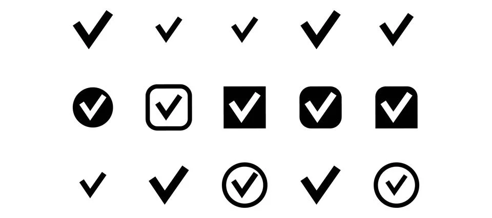 Assorted Black Checkmark Graphic Elements in Shapes Ilustración de archivo