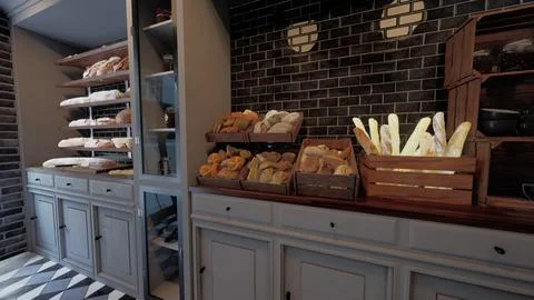 Assorted Bread Varieties Fill Bustling Bakery Stock Illustration