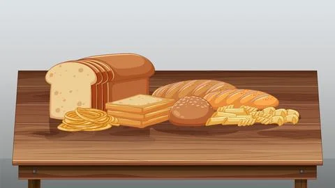 Assorted Bread Varieties on Wooden Table Stock Illustration