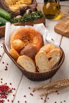 Assorted bread in wicker basket Stock Photos