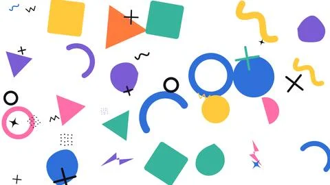 Assorted bright geometric shapes and abstract icons in energetic scatter fo.. Ilustración de archivo
